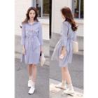 Drawstring-waist Half-placket Striped Dress