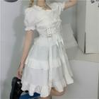 Puff-sleeve Lace-up Front Frilled Trim A-line Dress