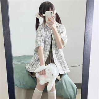 Short-sleeve Tweed Plaid Shirt
