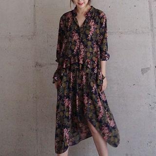 Long-sleeved Loose-fit V-neck Sheath Dress