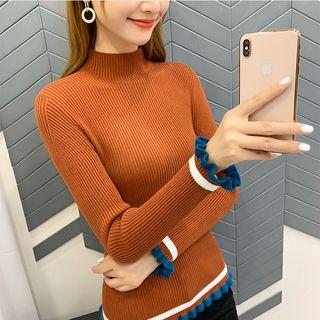 Ruffle Trim Contrast Trim Long-sleeve Knit Top