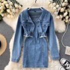 Set: Cropped Frayed Denim Jacket + Spaghetti Strap Mini Denim Bodycon Dress
