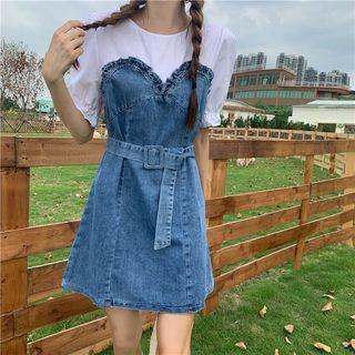 Mock Two-piece Short-sleeve Denim Panel Mini Dress