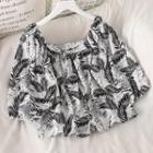 Leaf Print Square-neck Cropped Blouse White - One Size