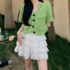 Short-sleeve V-neck Top / Tiered Skirt