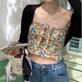 Floral Cropped Tube Top / Plain Cardigan