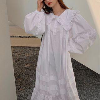 Puff-sleeve Ruffled Midi Shirtdress White - One Size