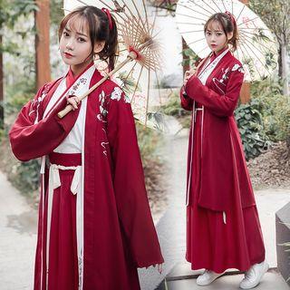 Set: Long Embroidered Cardigan + Contrast Trim Top + Maxi Skirt