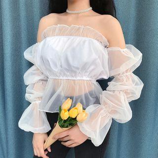 Puff-sleeve Off-shoulder Mesh Peplum Top