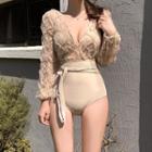 Long Sleeve V-neck Lace Panel High Waist Swimsuit