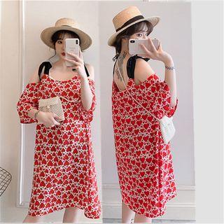 Heart Print Cold Shoulder Elbow-sleeve A-line Dress