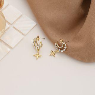 Moon & Star Rhinestone Dangle Earring 1 Pair - 925silver Earrings - Gold - One Size