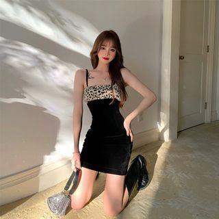 Spaghetti-strap Leopard Print Panel Mini Sheath Dress