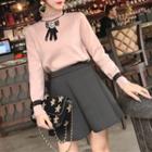 Set: Long-sleeve Mock Neck Bow-accent Knit Top + Mini A-line Skirt