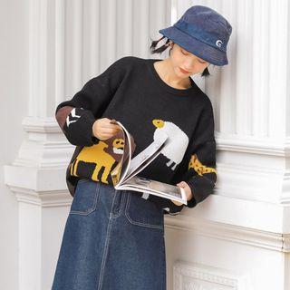 Animal Knit Round-neck Sweater Black - One Size