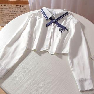 Ribbon Tie-neck Crop Shirt