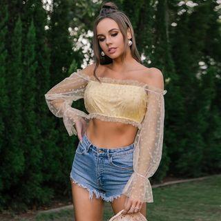 Ruffled-trim Mesh Panel Off-shoulder Crop Top