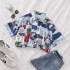 Short-sleeve Printed Blouse Blue - One Size