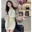 Set: Contrasted Slim-fit Crop Top + High-waist Mini Pencil Skirt Yellow - One Size