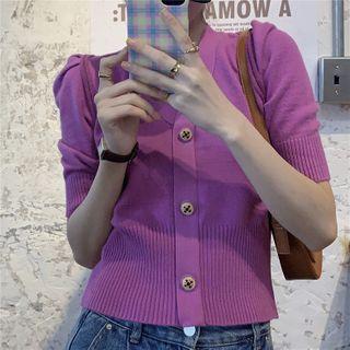 Floral Embroidered Elbow-sleeve Knit Cardigan Purple - One Size