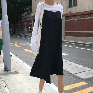 Crew-neck Long-sleeve T-shirt / Asymmetric Hem Spaghetti Strap Dress