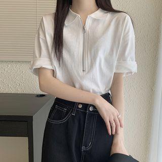Short-sleeve Zip-up Polo Shirt White - One Size