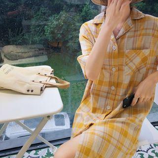 Plaid Short-sleeve Shirt Dress Yellow - One Size