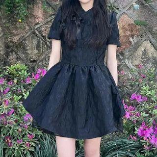 Short-sleeve Bow Panel Mesh Dress