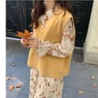 Bell-sleeve Midi Floral A-line Dress / Knit Vest