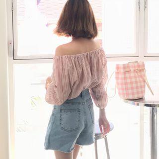 Button-detail Stripe Top Light Red - One Size
