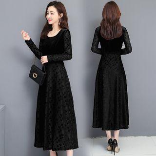 Long-sleeve Floral Midi A-line Velvet Dress