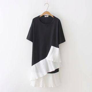 Pleated Panel Short-sleeve A-line Dress Black - One Size