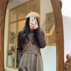 Plain Long-sleeve Knit Top / Plaid Sleeveless Dress