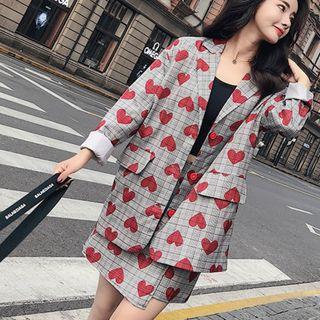 Set: Heart Print Single-button Blazer + High Waist A-line Skirt
