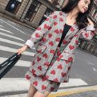 Set: Heart Print Single-button Blazer + High Waist A-line Skirt
