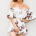 Floral Print Tasseled Off Shoulder Elbow Sleeve Playsuit