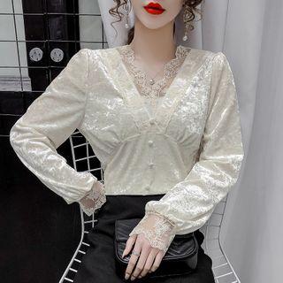 V-neck Lace Panel Velvet Blouse