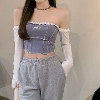 Long-sleeve Lettering Off-shoulder Crop Top