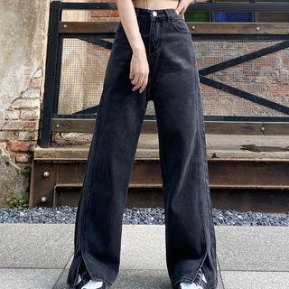 High Waist Plain Slit-front Loose-fit Jeans