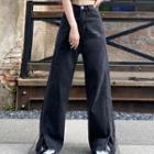 High Waist Plain Slit-front Loose-fit Jeans