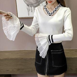 Cut Out Neckline Long Sleeve Knit Top