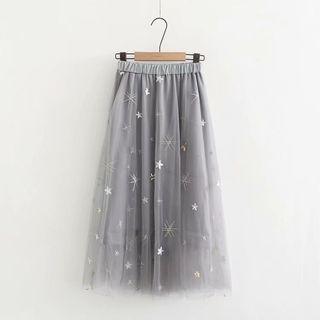 Star Embroidered Mesh A-line Skirt