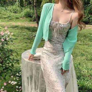 Cardigan / Spaghetti Strap Floral Print Midi Dress