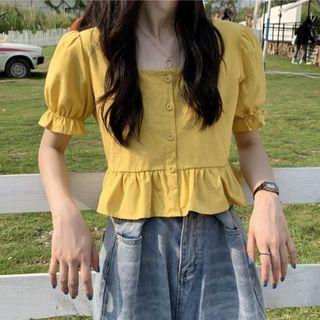 Puff-sleeve Square-neck Ruffled Cropped Top