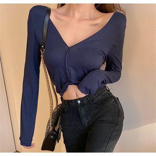 Plain Open-back V-neck T-shirt