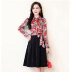 Floral Panel Tie-waist Midi A-line Dress