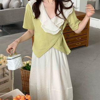 Short-sleeve Ruffle Blouse / Mesh Panel Midi A-line Skirt