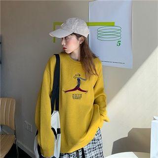 Cartoon Embroidered Sweater / Plaid Straight-cut Pants