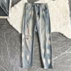 Mid Rise Washed Paint Splatter Straight Leg Jeans