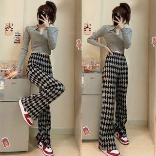 Argyle Wide-leg Pants / Cropped Knit Polo Shirt
